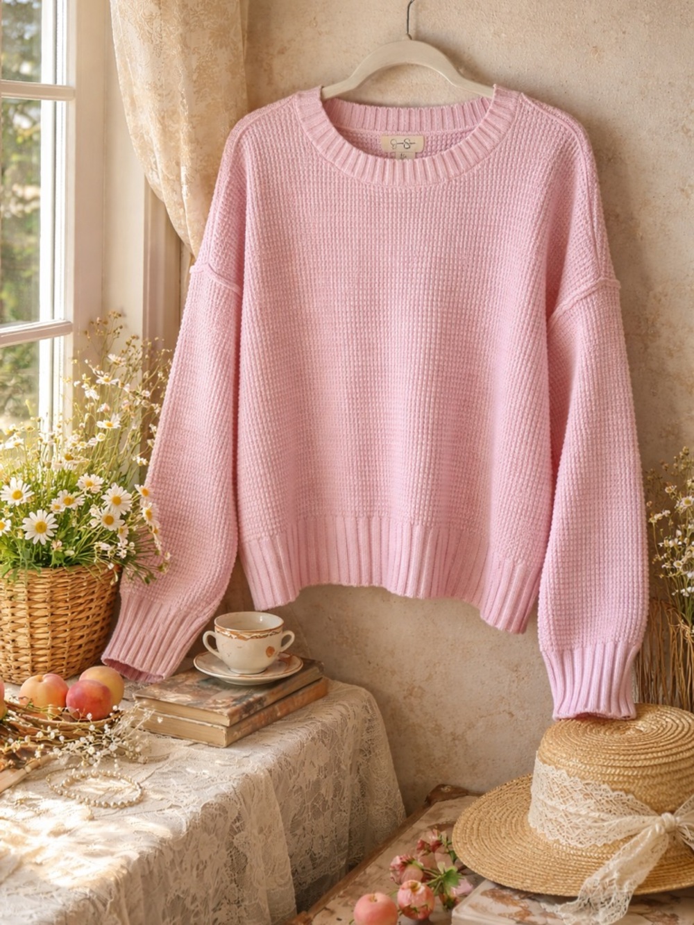 🎈HP🥳🎉 Jessica Simpson Pink Knit Sweater Cottagecore Cozy Soft Slit Hem L